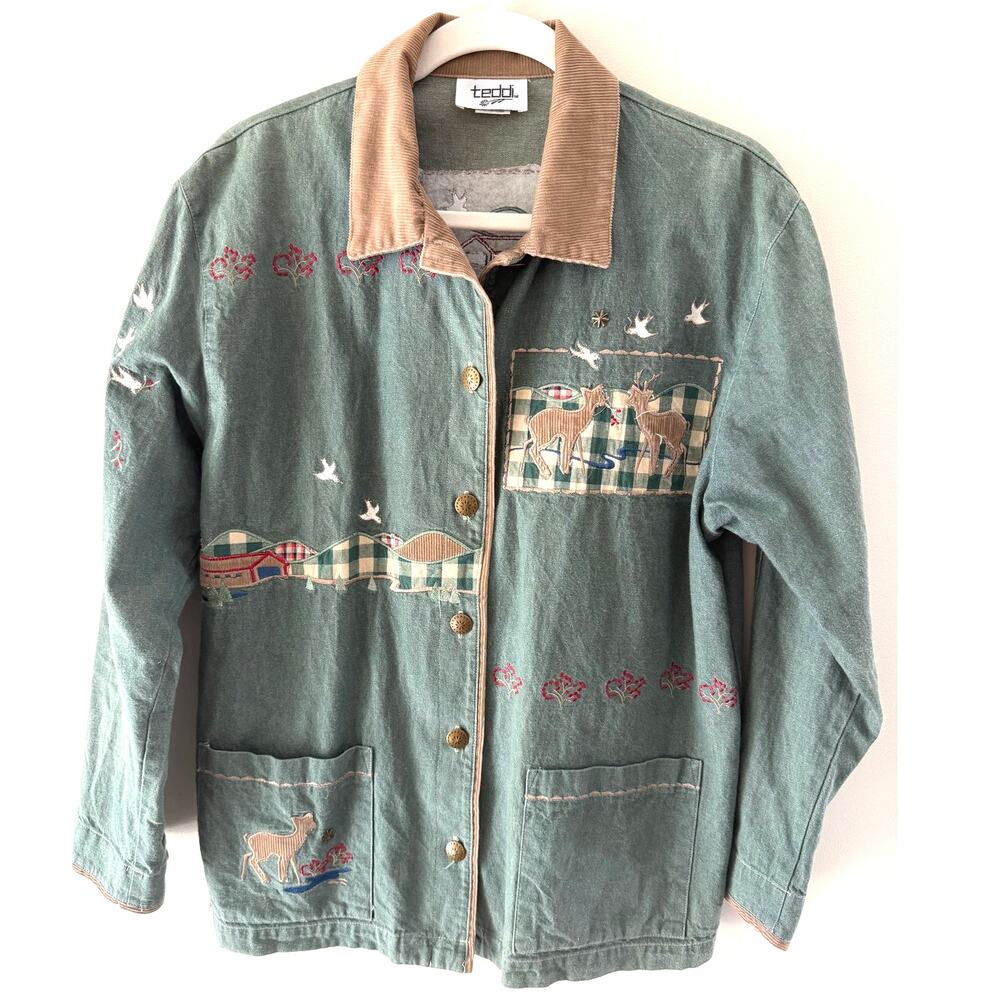Vintage Cottage Core Teddi Denim Corduroy Collar Patchwork Deer Nature Sz Medium